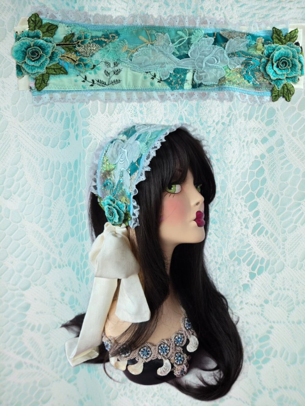 Handmade Romantic Lace and Embroidered Headband Art to Wear Coquette Cottagecore
